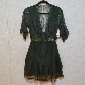 NWT Free People Lace Mini Dress Black Front Tie w/Lining, Crop, Sheer Back SzS